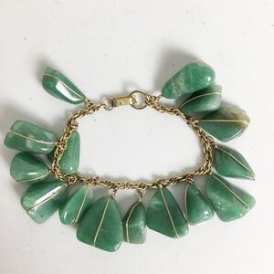 Vintage Aventurine Semi Precious Stones and Gold Chain Link Metal Bracelet Jade